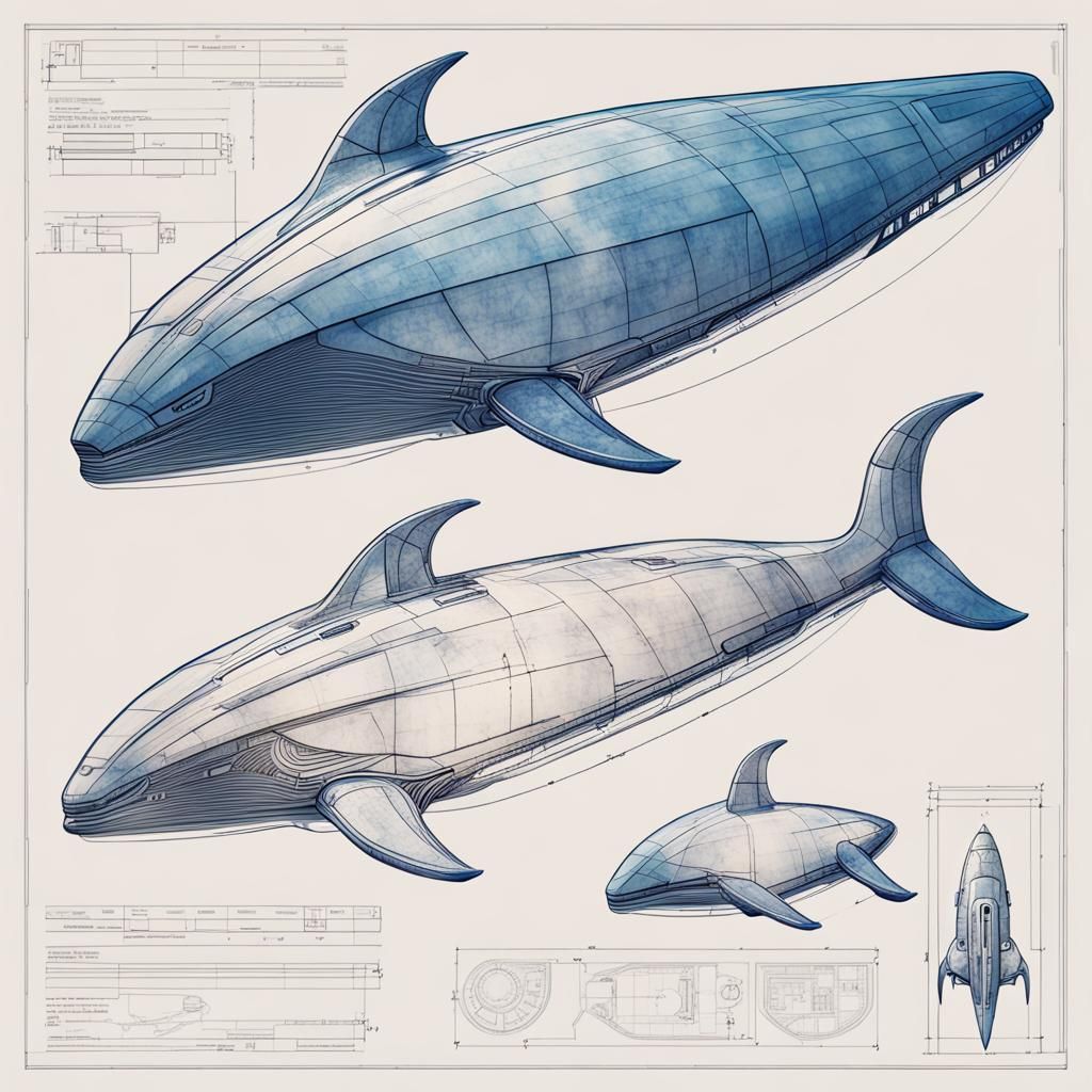 Futuristic Whale Spaceship Blueprint in Bioluminescent Style