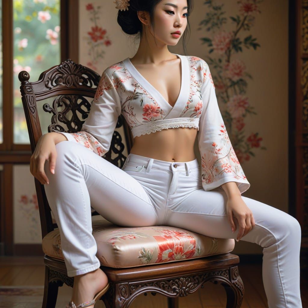 Geisha in Jeans on Ornate Chair, Vibrant Pastels
