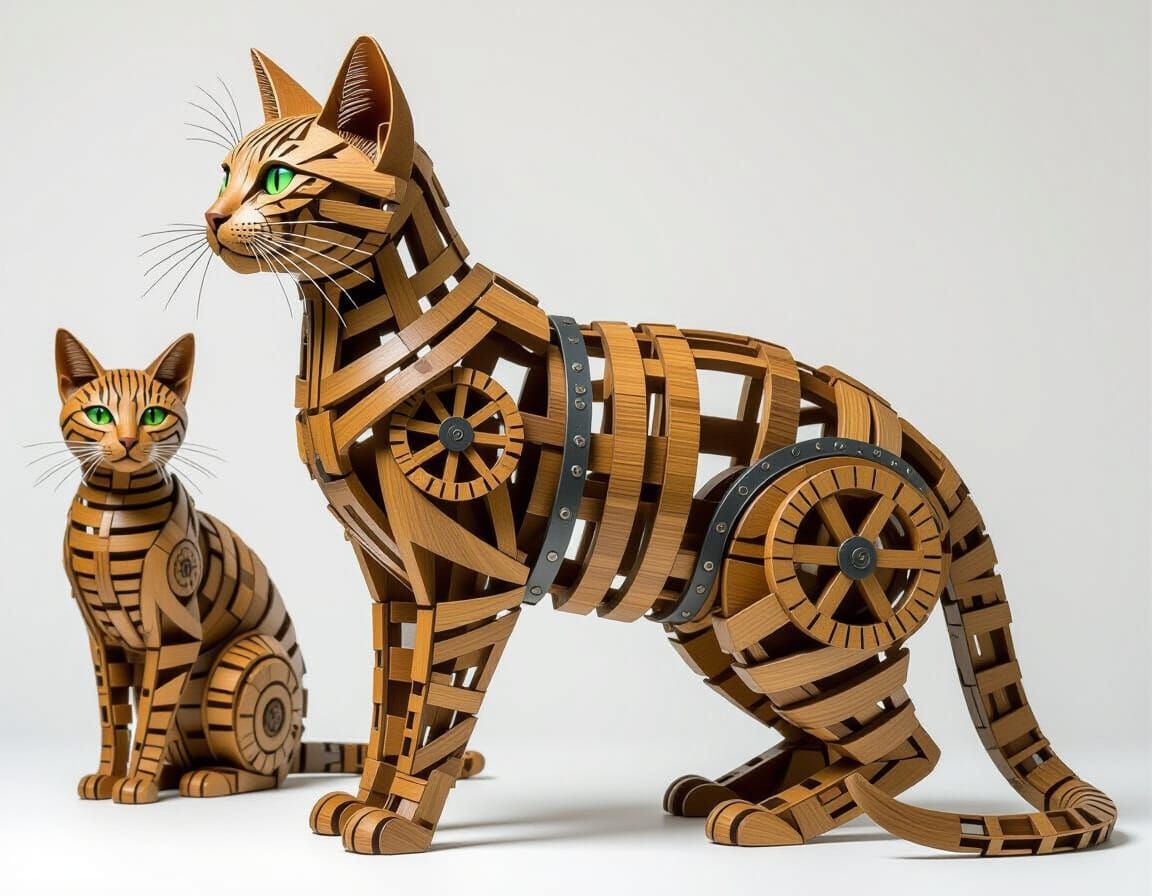 Abstract Cats: Wood and Steel Sculpture