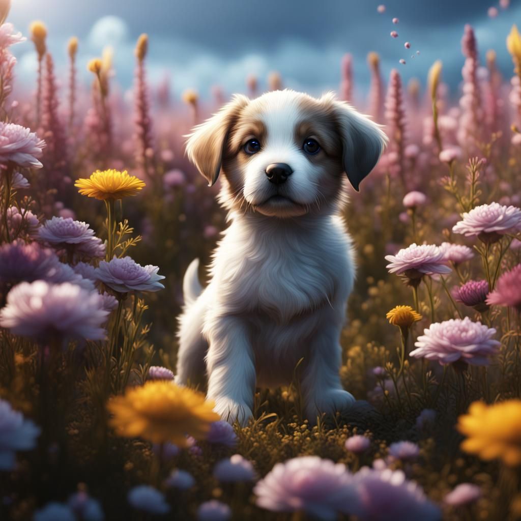 Puppy's Delight: A Fantastical Flower Field Painting
