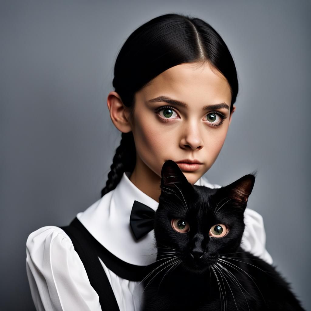 Wednesday Addams and Black Cat Portrait