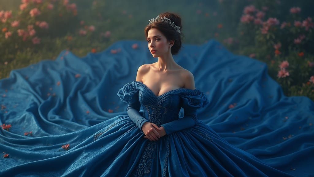 Woman in Opulent Blue Gown, Fantasy Matte Painting Style