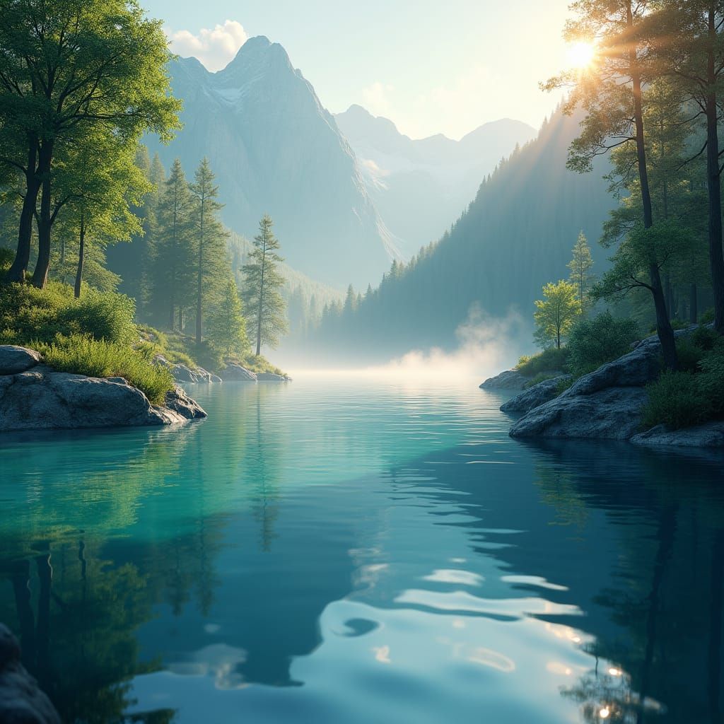 Calm Lake Reflects Lush Forest at Sunrise