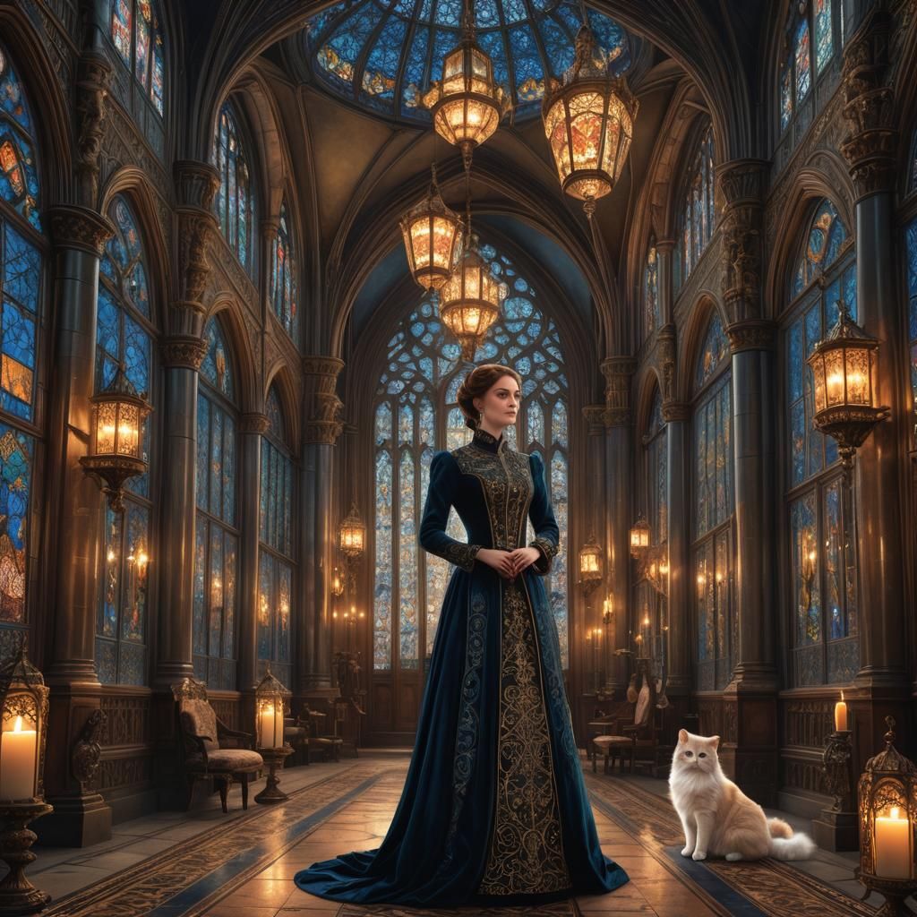 Victorian Lady with Cat in Gothic Foyer