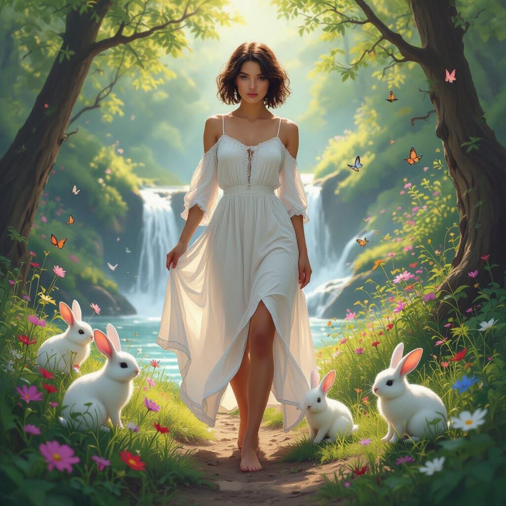 Barefoot Woman in Forest Waterfall with Rabbits and Butterfl...