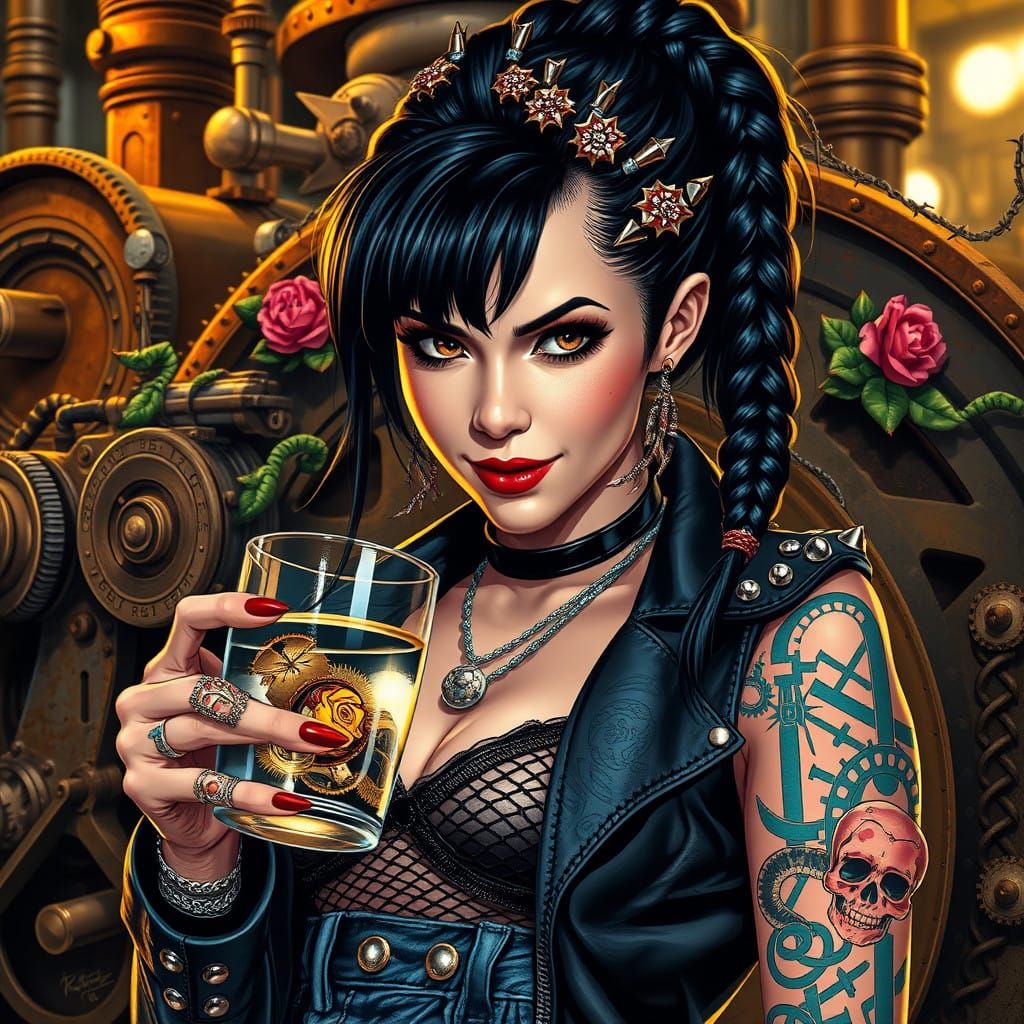 Rebellious Punk Rock Icon in Steampunk Gear, Close-Up Portra...