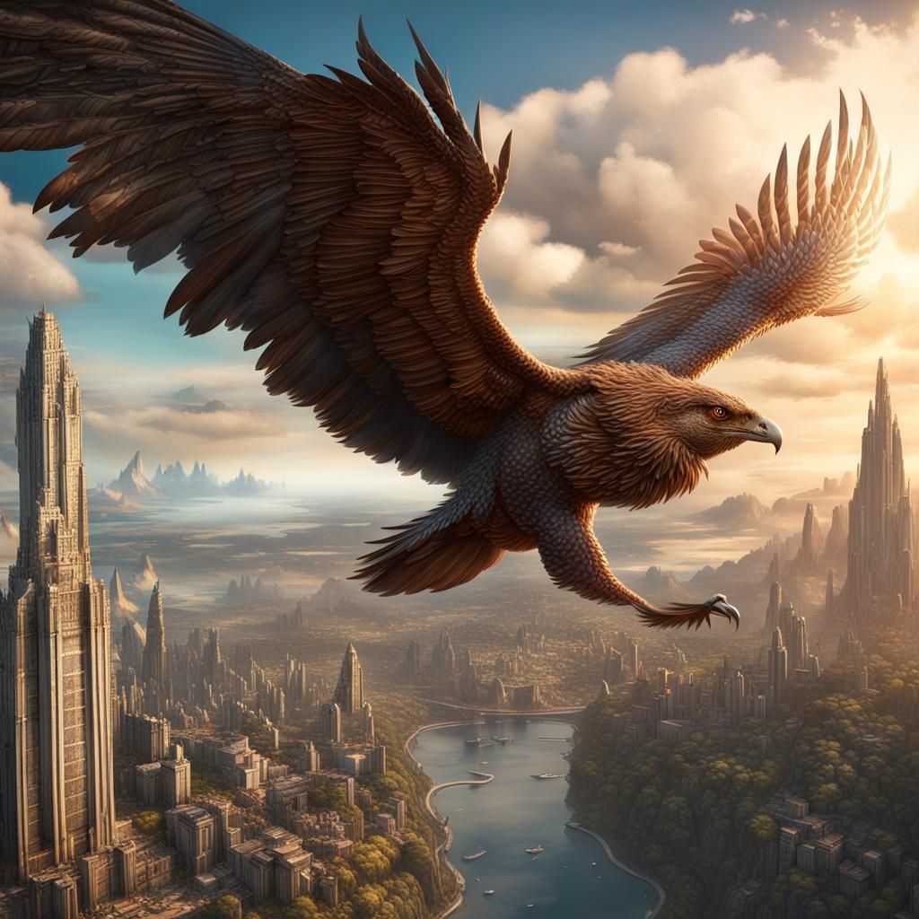 Giant Eagle on Airplane in Flight Over City