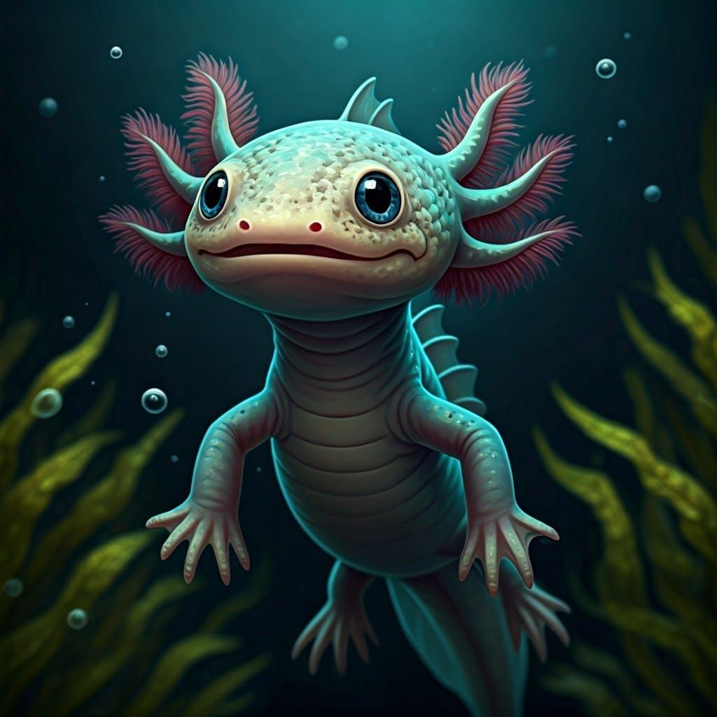 Cute Glowing Baby Axolotl Creature in Dark Water