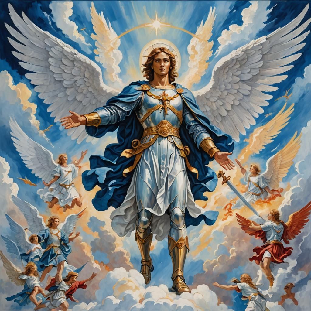 Archangel Michael in Heavenly Realm: Gouache Style