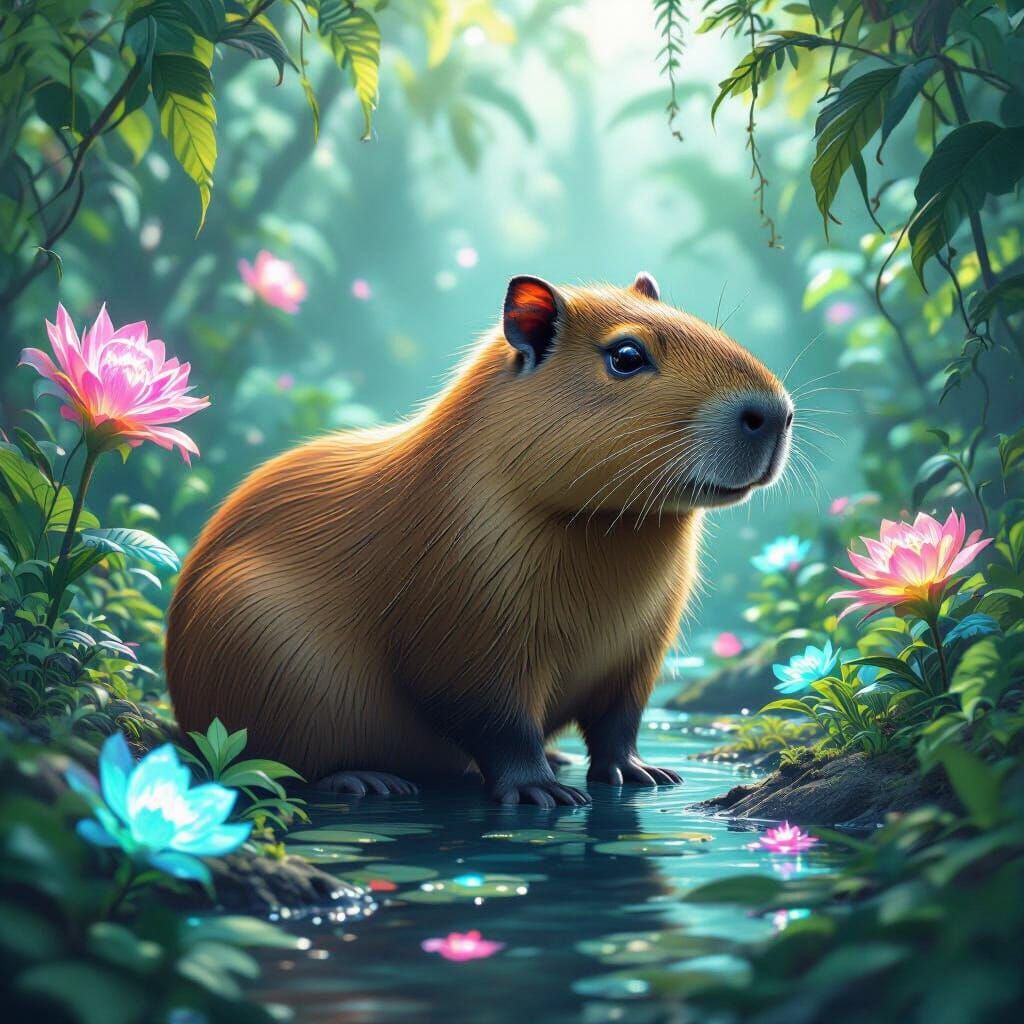 Capybara in a Bioluminescent Futuristic Garden