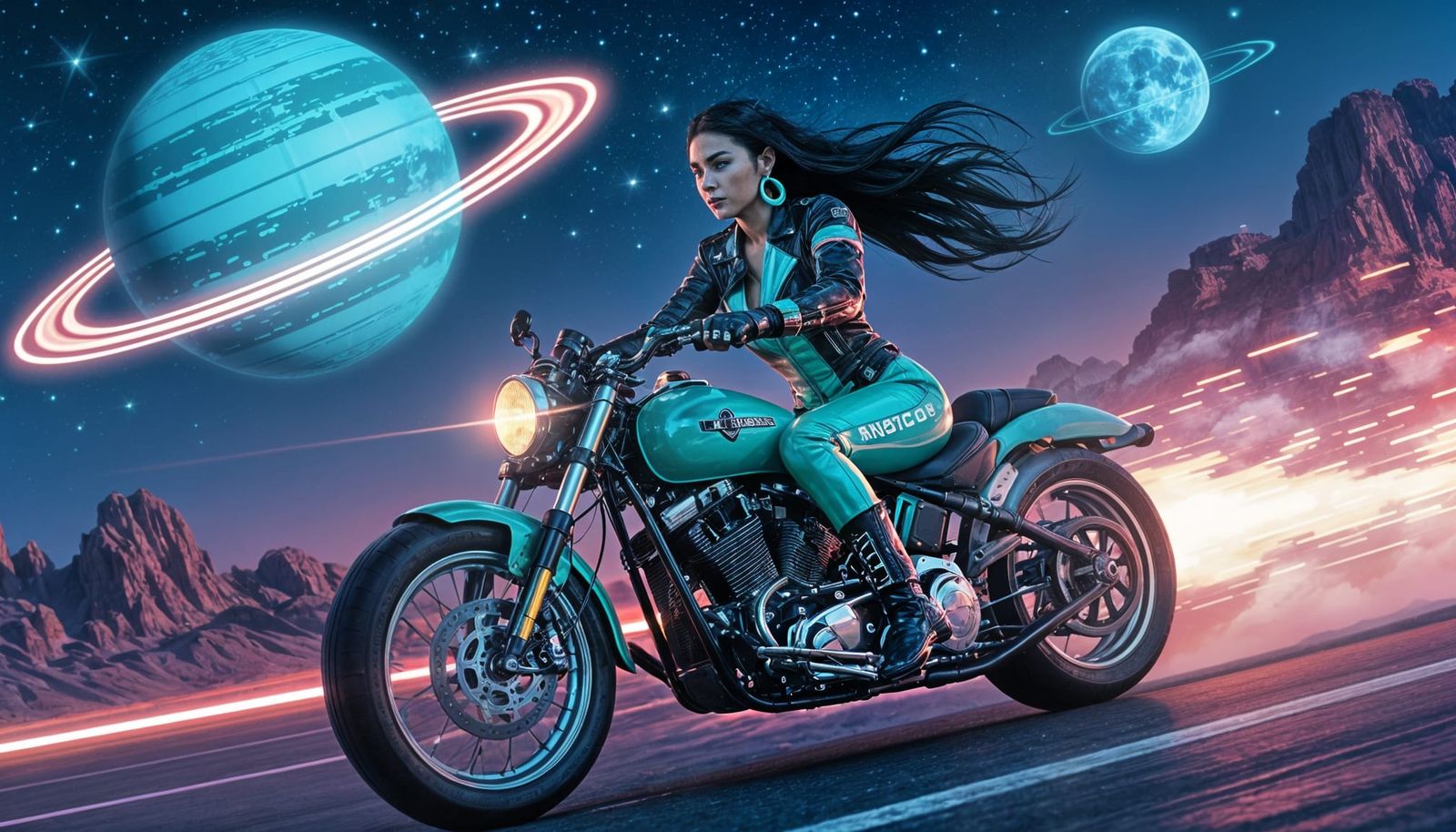 Native American Woman Rides Flying Motorcycle on Alien Plane...