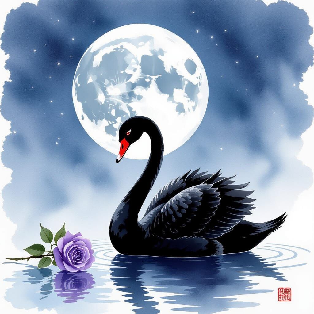 Black Swan and Lilac Rose Under Sapphire Moon