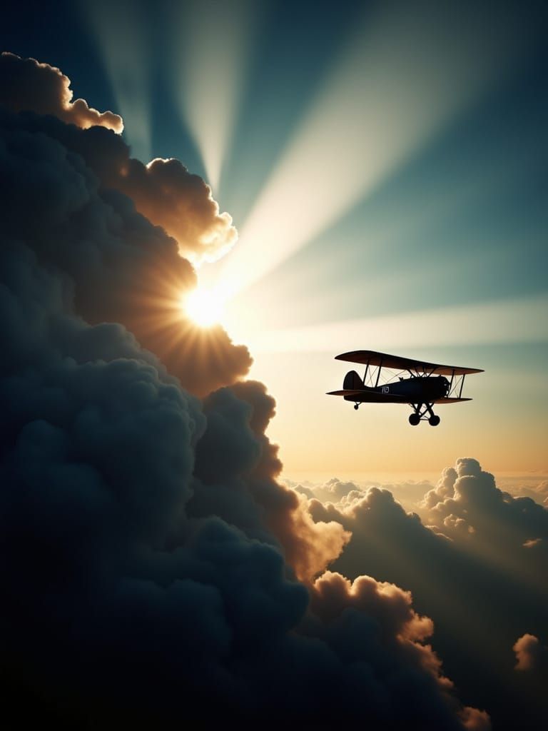 Biplane Soars Against Sunset Sky with Golden Clouds