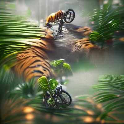 A Tiger riding a bike in the jungle