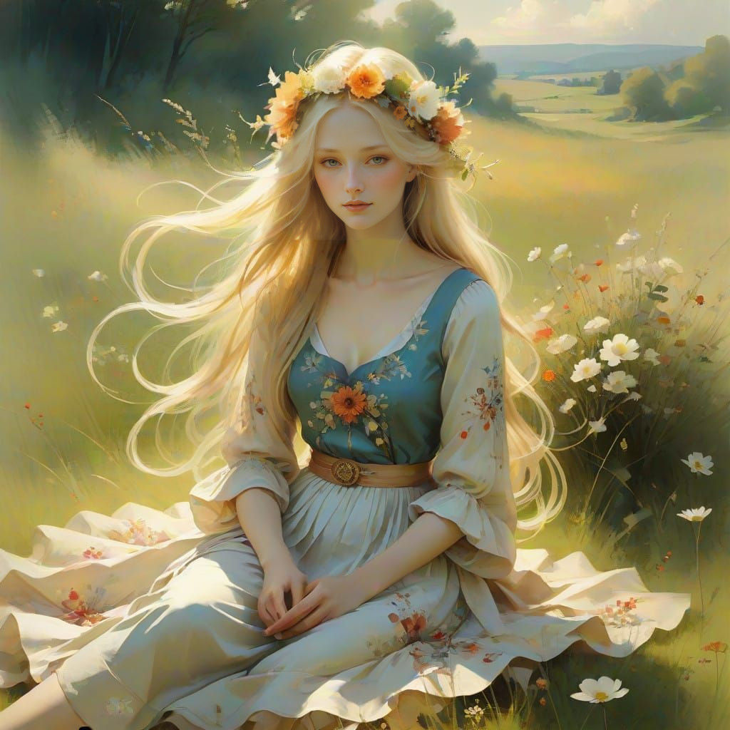 Woman with Flower Wreath in Sunlight, Digital Illustration