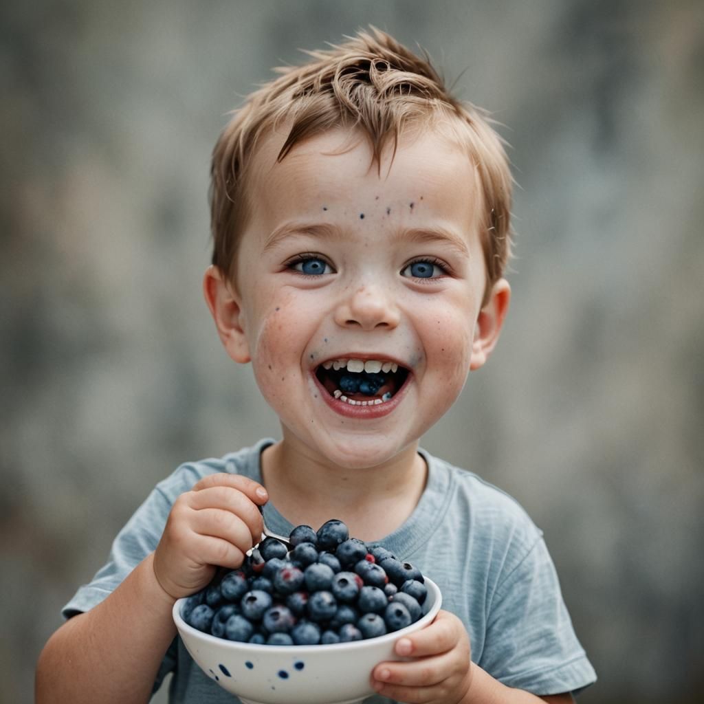 Happy Child Eating Blueberries in Natural Light
