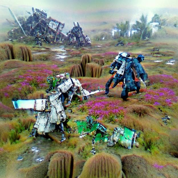 Sci-Fi Mechs Battle in Ruined Landscape