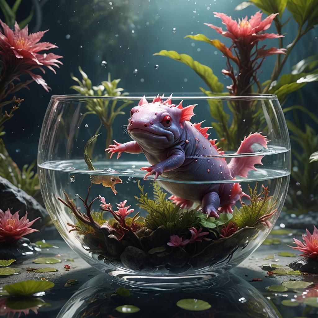 Axolotl in Glass Bowl: Detailed Matte Painting