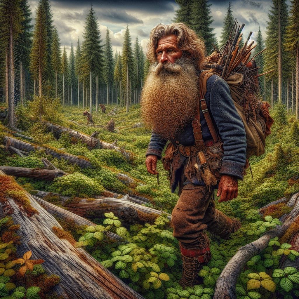 Hyperrealistic Trapper in Dense Woodland Scene
