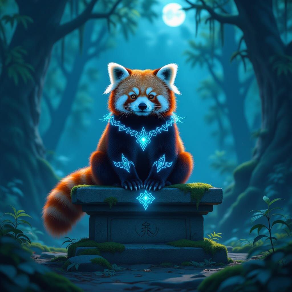 Red Panda with Glowing Runes on Ancient Altar