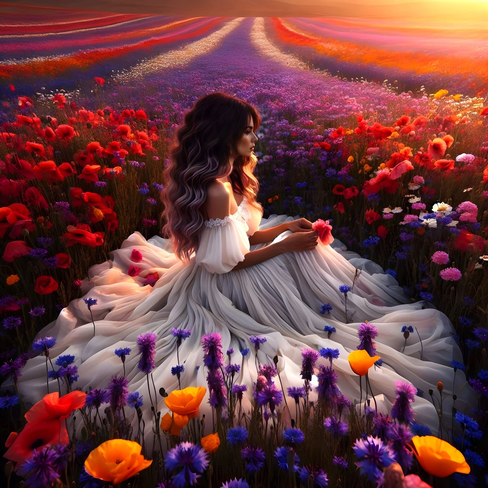 Surreal Flower Field Scene with Seated Hispanic Woman