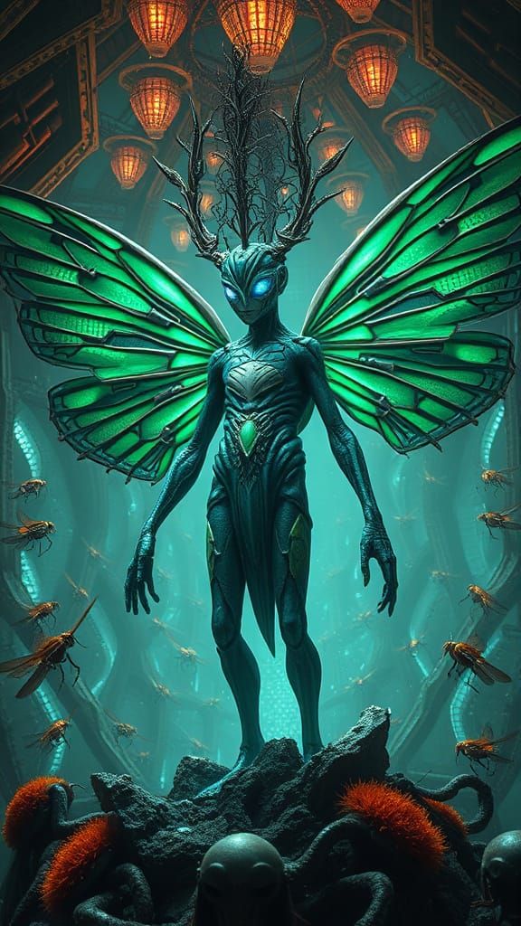 Biomechanical Queen with Butterfly Wings in Sci-Fi Realm
