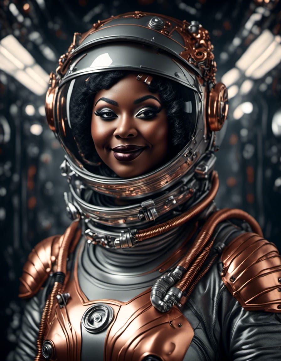 <lora:LapiFuturism:1.0> <lora:BBW and Curvy:1.0> A full-body image of a smiling young black woman in 1920's retrofuture ...