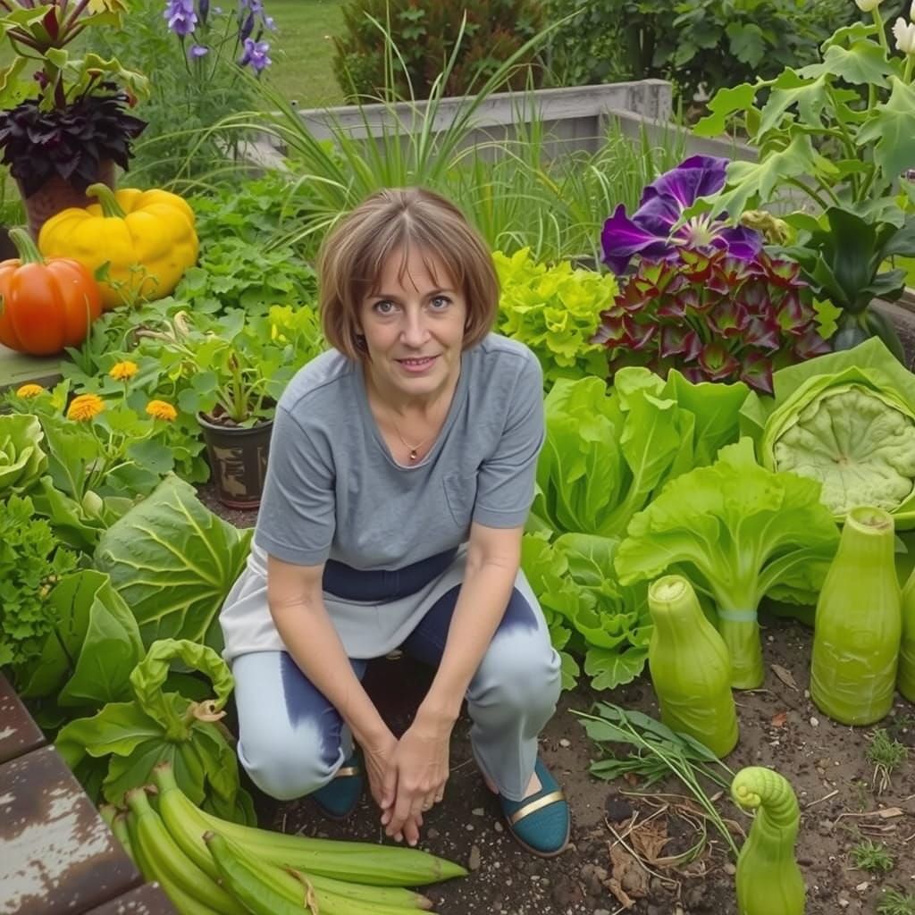 Absent-Minded Gardener Amidst Lush Vegetables, Hyperrealisti...