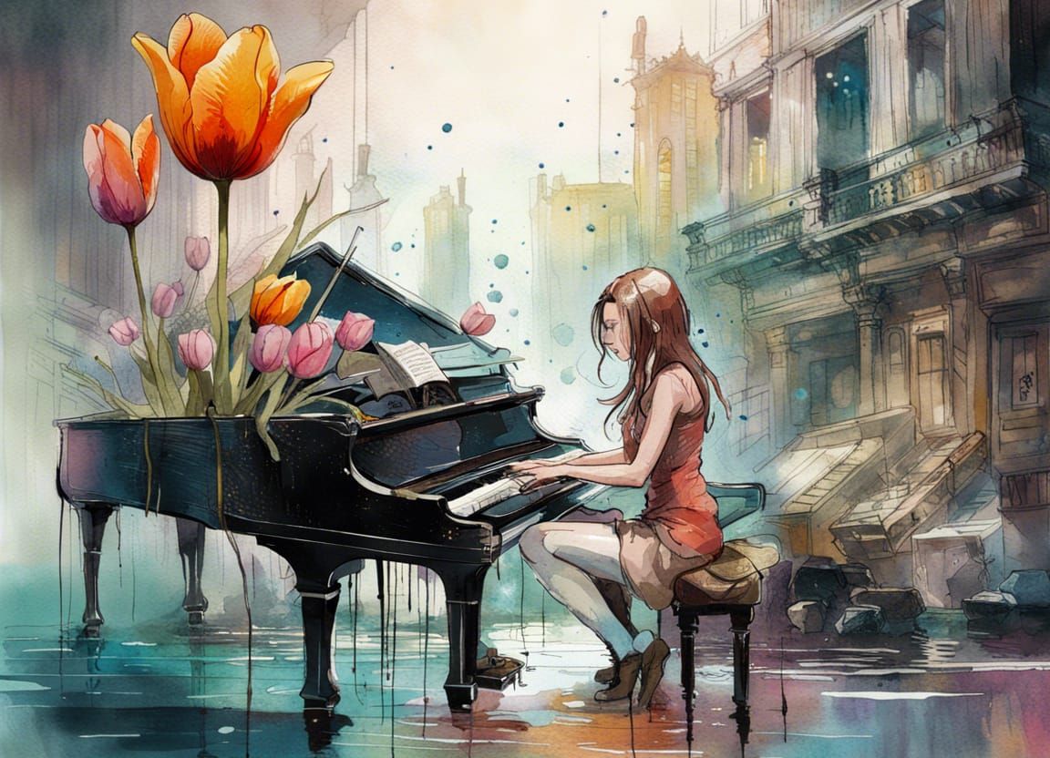 Steampunk Underwater City View with Tulip Piano