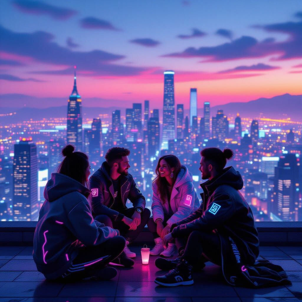 Friends on Rooftop Overlooking Neon Cyberpunk Cityscape at D...
