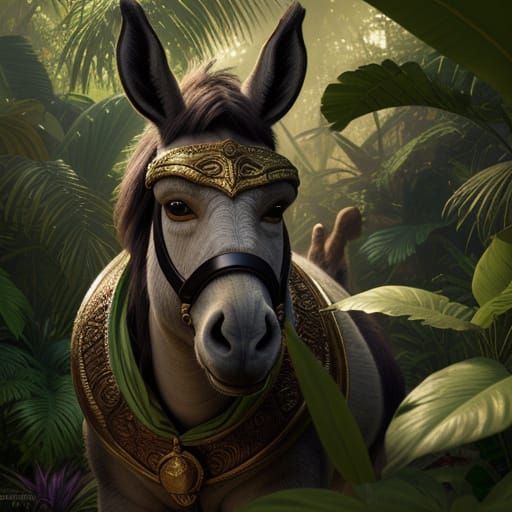 Regal Donkey in Vibrant Jungle, a Masterpiece of Fantasy Art
