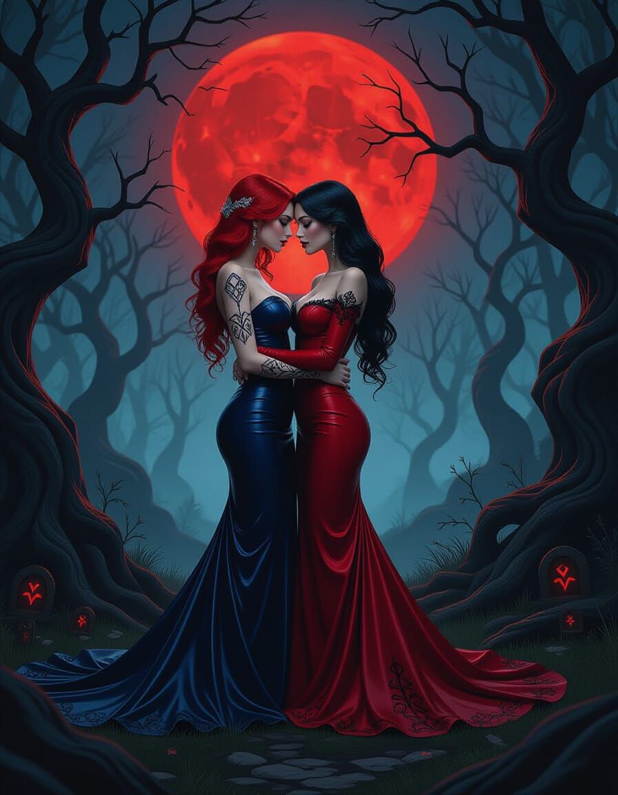 Lovers Under a Blood Moon in Mystical Forest