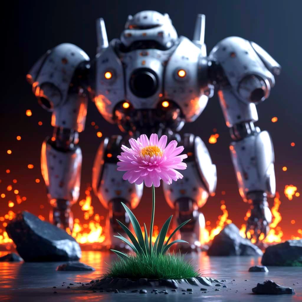Anime Flower Blooms Amidst Mecha Wreckage