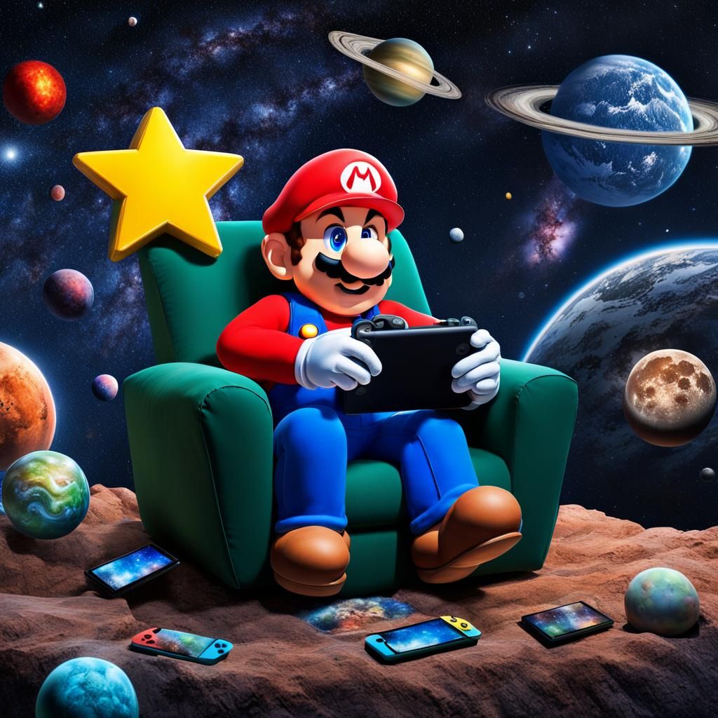 Hyperrealistic Super Mario Relaxing Under Starry Sky