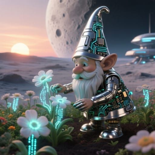 Whimsical Chrome Gnome Tends Data Flowers on Moon