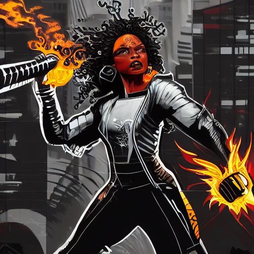 Fiery Black Superhero with Hammer in Graffiti Style