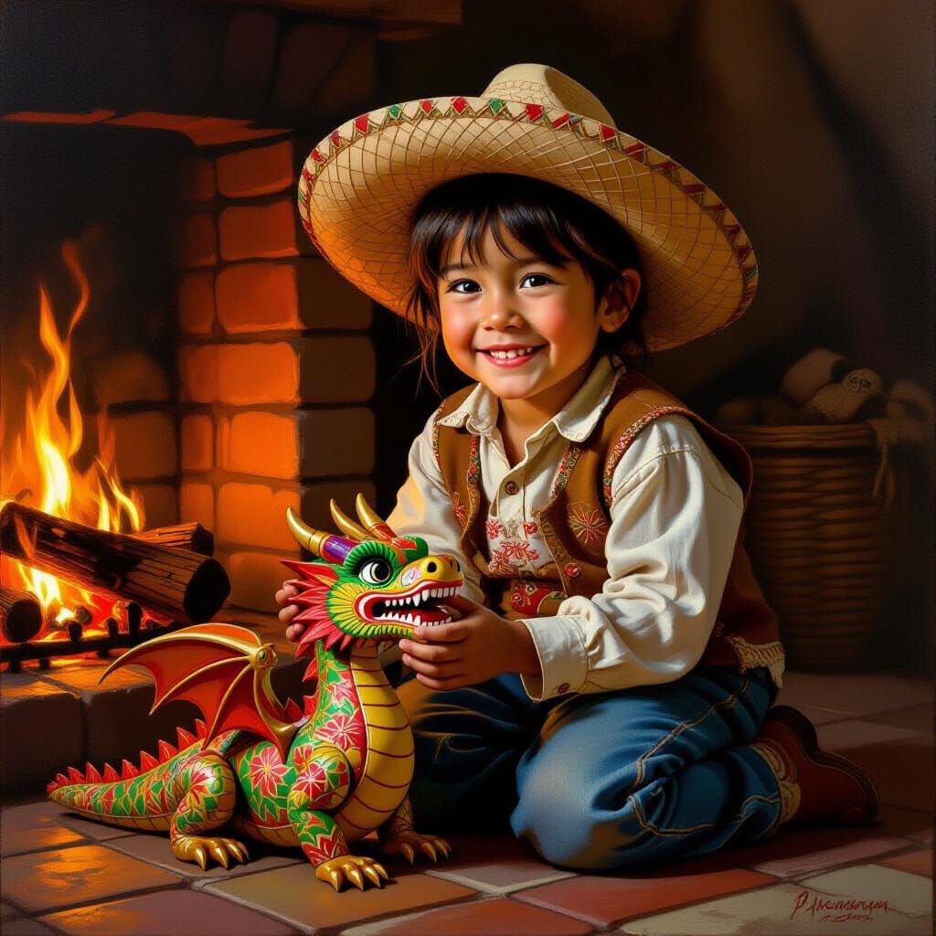 Child with Wooden Dragon by Fireplace Oil Painting
