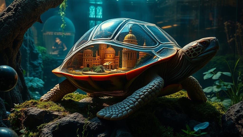 Glass Turtle in Majestic Terrarium Cityscape