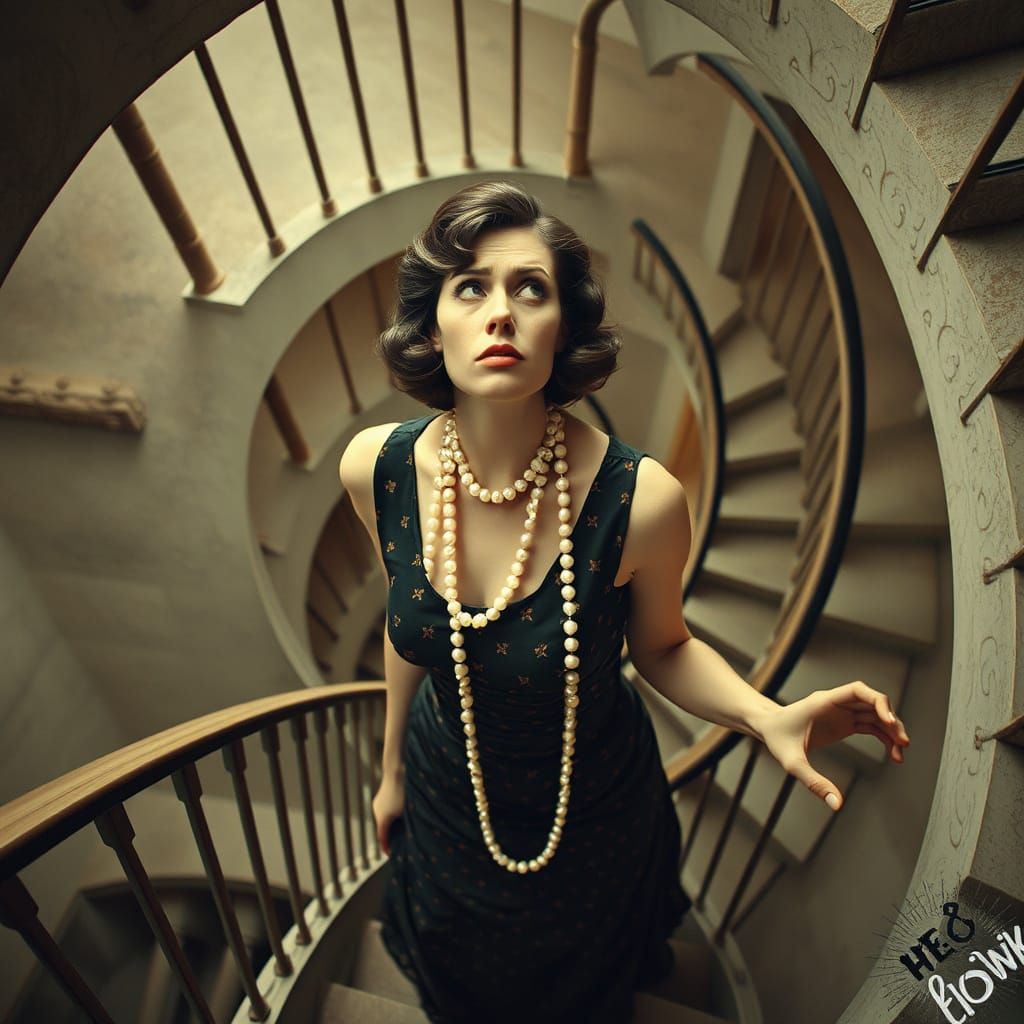 Perplexed Woman in Escher-esque Staircase