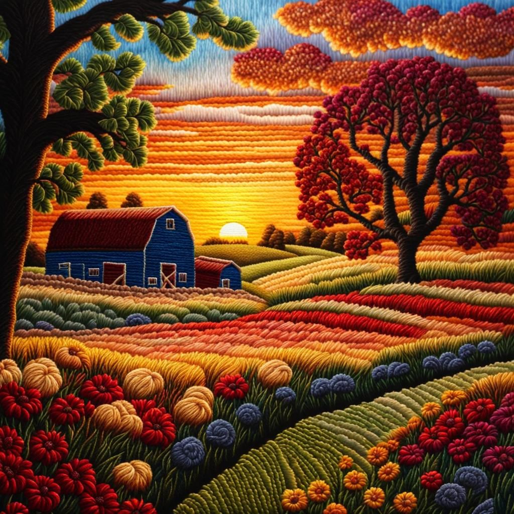 Embroidered Farm Sunrise in Mixed Media Style