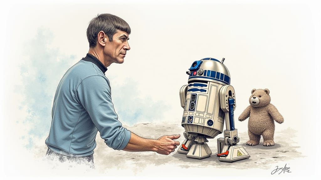 Sci-Fi Mashup: Spock, R2D2, & Fuzzy Bear Sketch