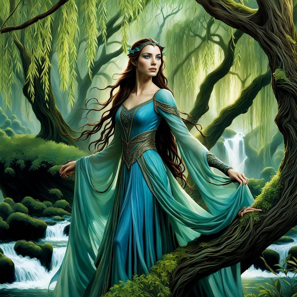 Elven Woman Beneath Ancient Willow Tree