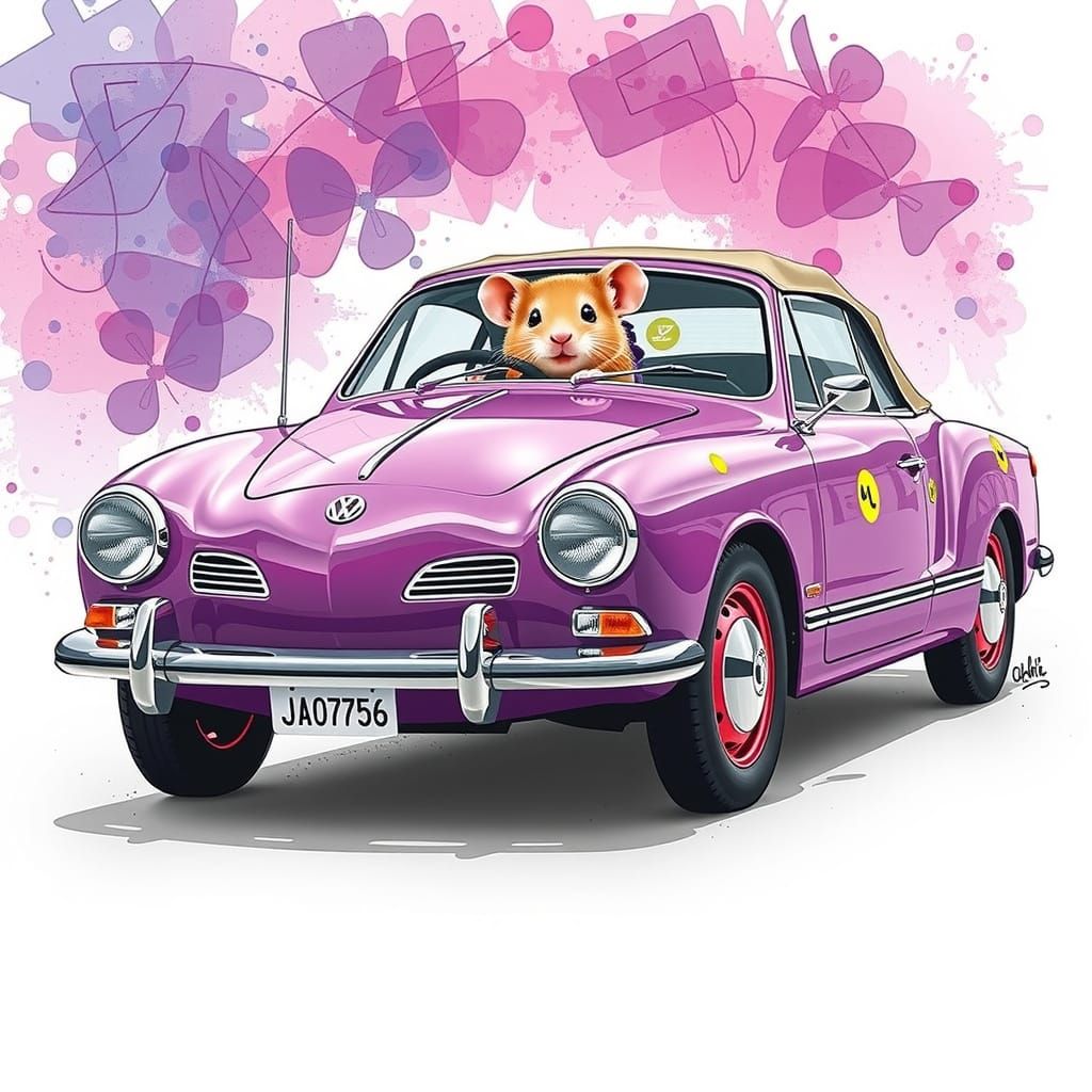 VW Karman Ghia in Regal Purple Driven by a Stylish Hamster