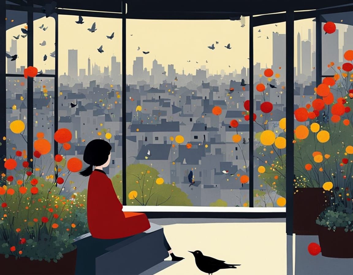 Girl Surrounded by Nature in Vibrant Rooftop Oasis