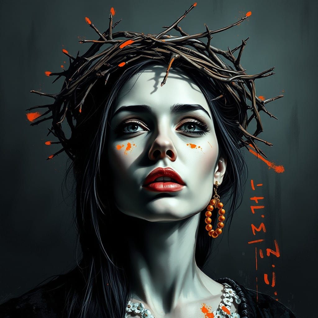 Vibrant Woman with Crown of Thorns in Expressive Oil Acrylic...