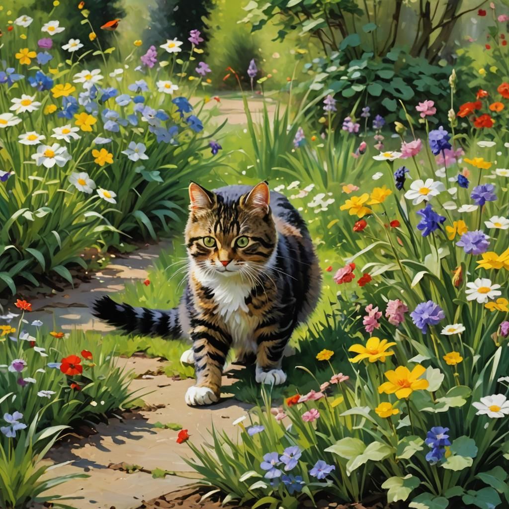 Robin, Worm, and Cat in Garden, Impressionist Style