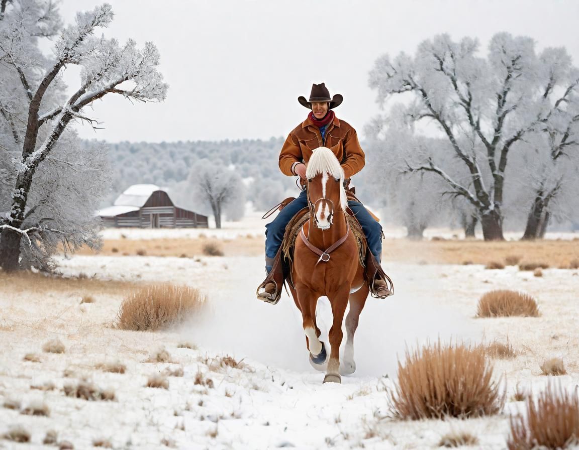 Cowboy on Horseback in Snowy Countryside