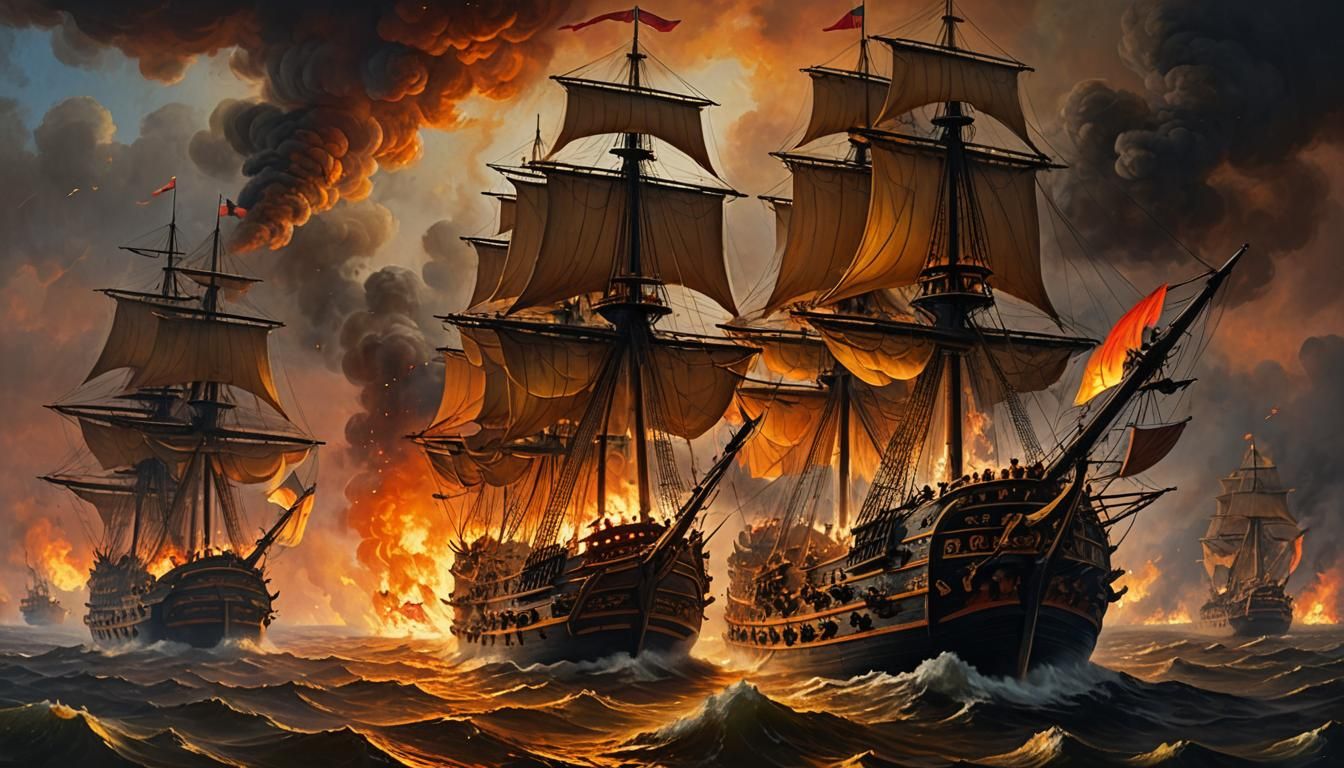 Burning Warship in Golden Age Style Sea Battle