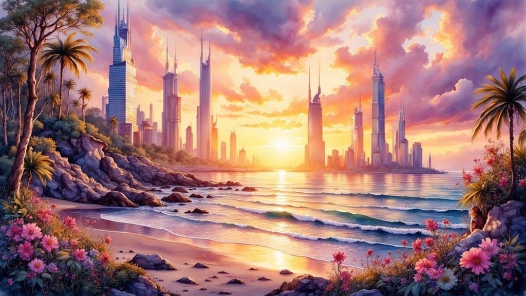 Surreal Sunset Metropolis with Glistening Skyscrapers