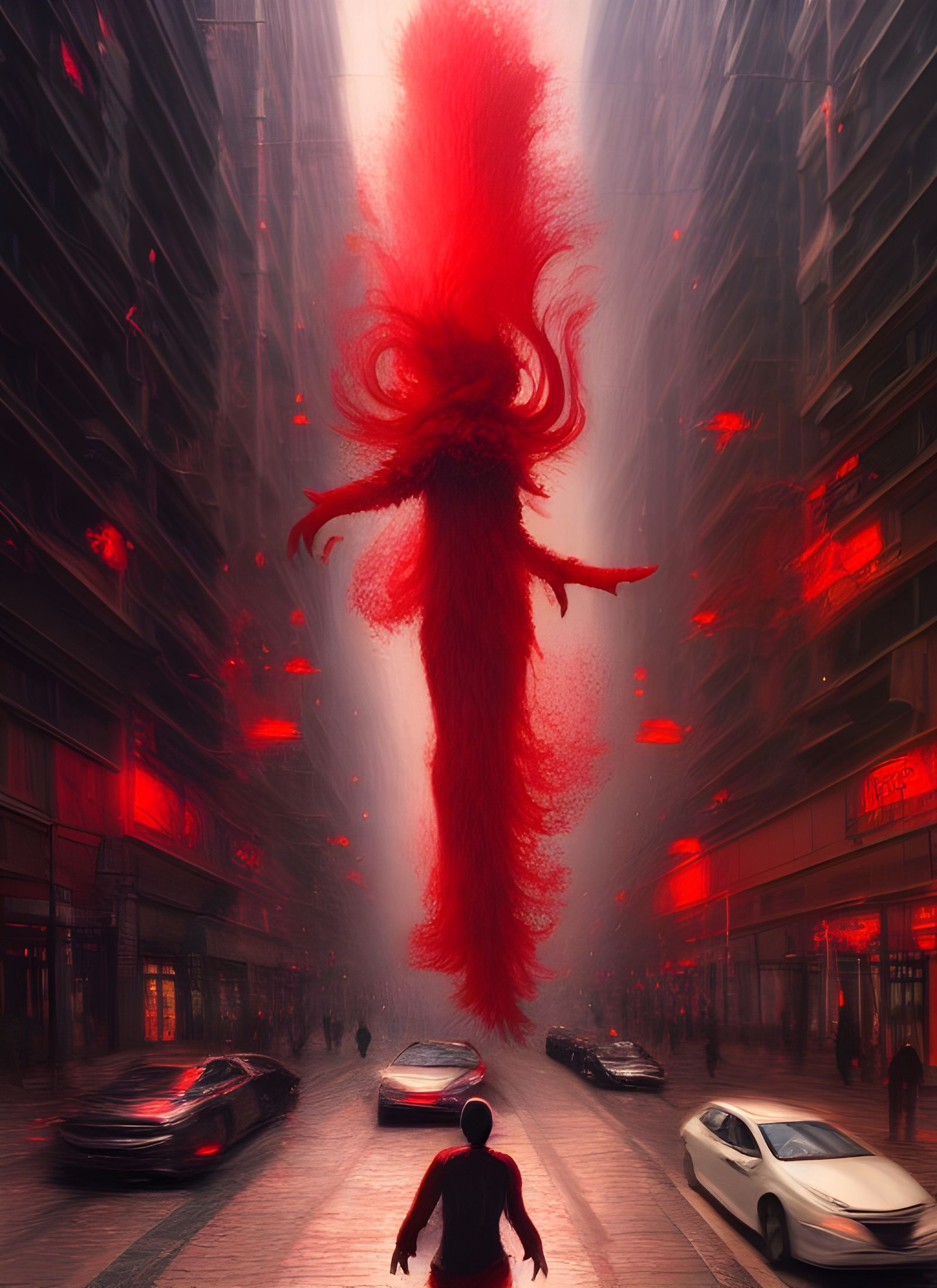 Chaotic Magical Being Disrupts City Street, Digital Art